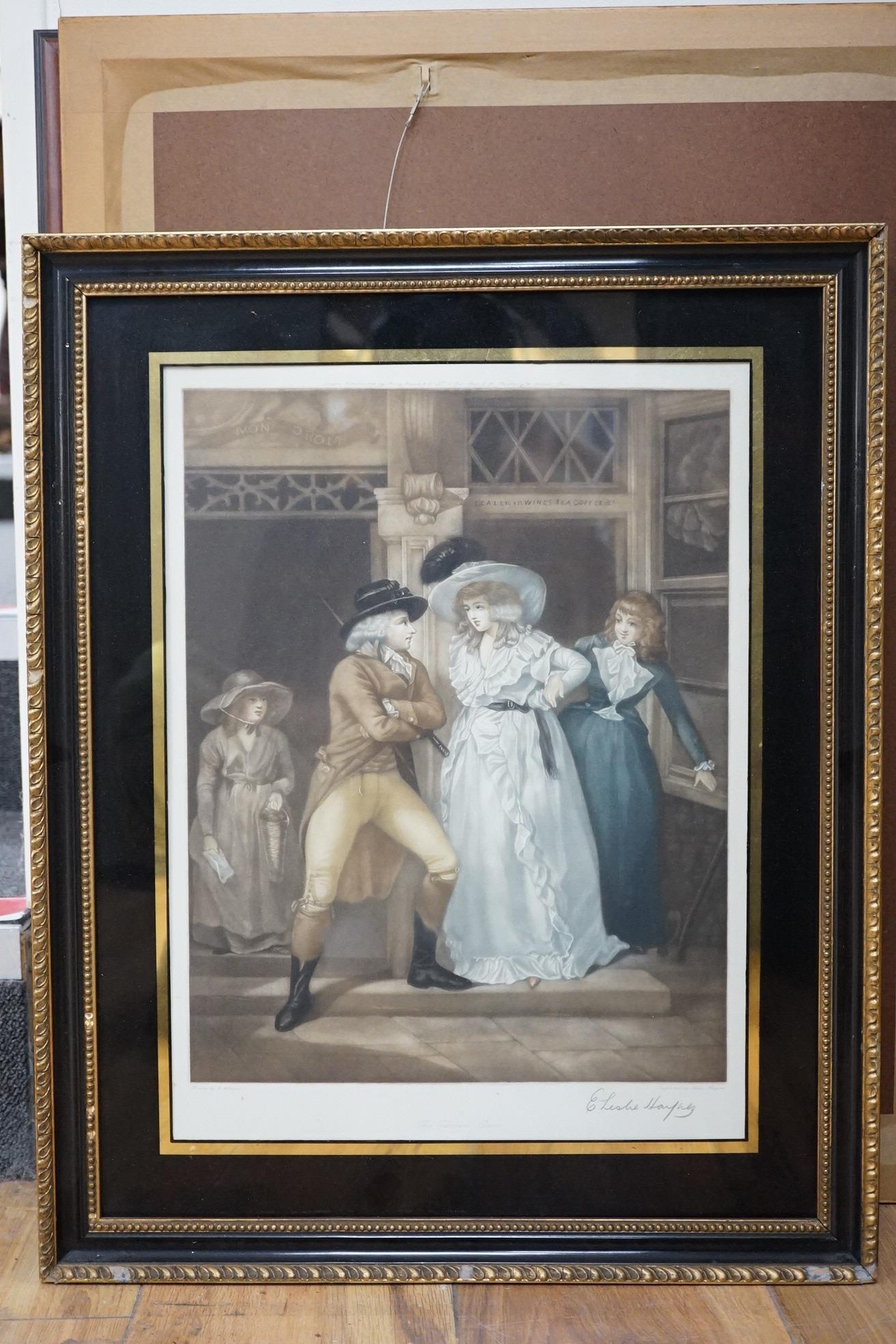 A set of six colour engravings after George Morland (1783-1804), to include the ‘Virtuous parent’ and ‘The Elopement’, together with a pair of colour prints depicting the Battle of Waterloo. Condition - varies